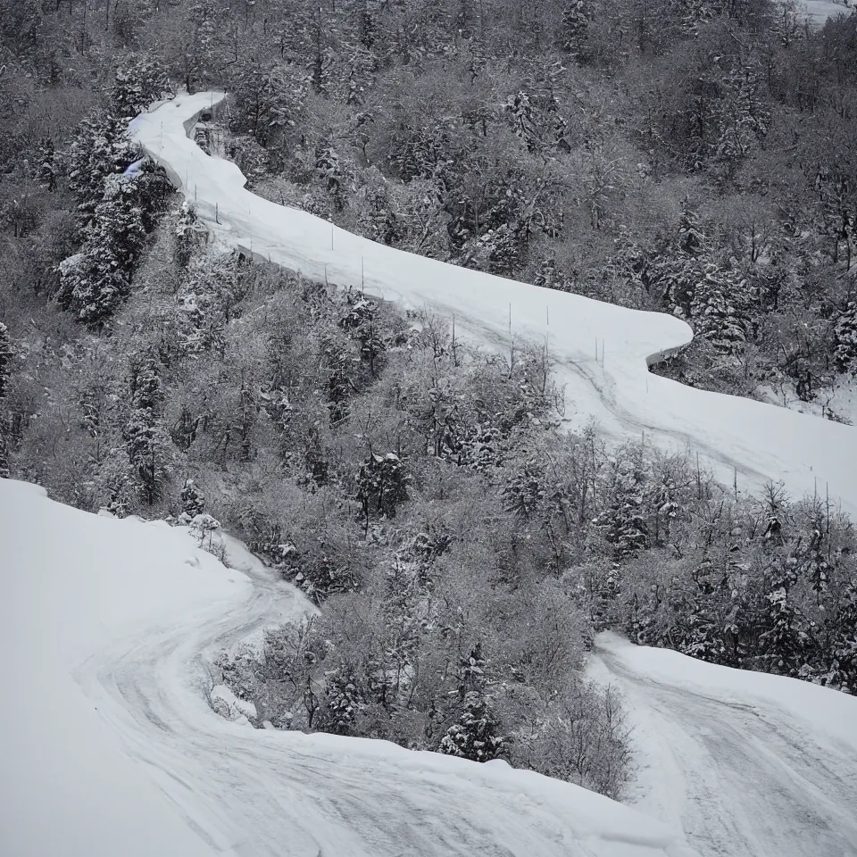 Image similar to a road leading to a mid-century modern house on top of a cliff in the arctic, covered with snow, designed by Frank Gehry, with a long pathway toward it. Big tiles. Film grain, cinematic, yellow hue