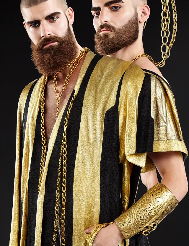 Image similar to longshot modern ancient greek squire costume chiseled chin full beard shaved head nature creek river in the woods marc jacobs gucci gold black blue intricate detailed handsewn textile robes chains necklace