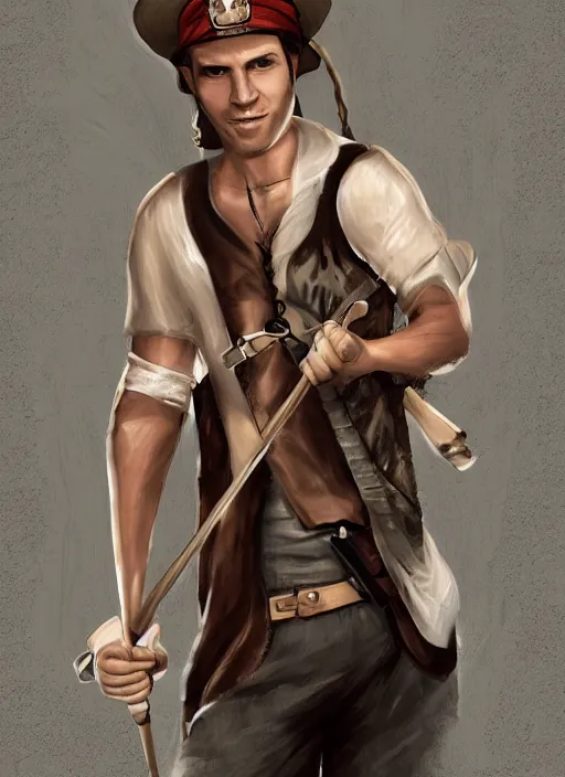 Image similar to a male ranger with a bongo drum and nunchucks,, dnd, wearing a leather vest and white linen pants, chiseled good looks, long swept back blond hair, puka shell necklace, digital art