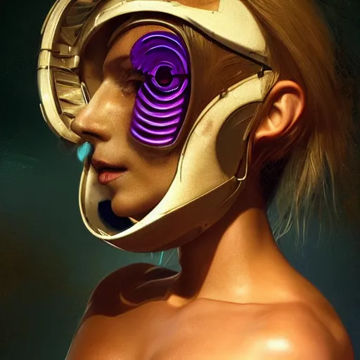 Prompt: portrait of sexy beautiful woman with aureola by pantokrator, head made of mech mask rendered in unreal engine, cyberpunk, rave by andy warchol, scifi nanowires on skin, painted by andrew wyeth | angus mckie | anton fadeev