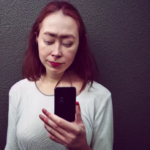 Prompt: A sad woman holding a phone taking a selfie, self-portrait photography, 8k, trending on arstation