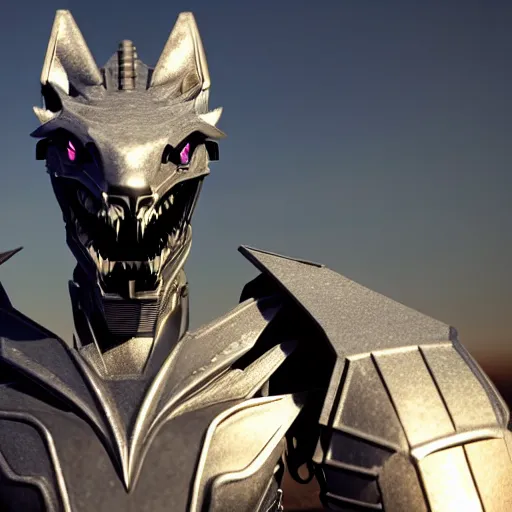 Image similar to chest up bust shot, realistic detailed stunning beautiful armored anthropomorphic humanoid female robot dragon, looking to the side, sleek streamlined armor and design made of steel, sharp claws and sharp teeth, Slick LEDs, standing on two legs, on the beach during sunset, high quality, cinematic art, sunset lighting, 3D render, 8k, artstation, deviantart, furaffinity