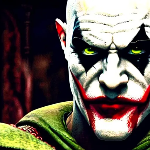 Image similar to film still of kratos as the joker in the new batman movie