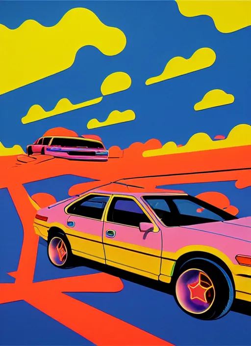 Prompt: cute burning wrecked ford taurus by shusei nagaoka, kaws, david rudnick, airbrush on canvas, pastell colours, cell shaded, 8 k