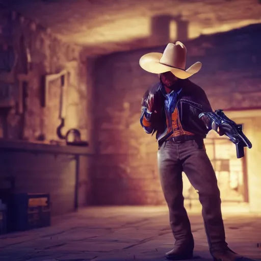 Prompt: a cowboy is shocked, bullets hit him in the chest, he hold a revolver, 4 k hd high quality, octane render, unreal 5, photo taken by a nikon