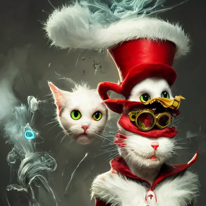 Image similar to complex 3 d render, hyper detailed, ultra sharp, vampire cat in the hat, scary, cute, cinematic, head and shoulders, steampunk, natural soft light, rim light, octane render, artstation, art by artgerm and greg rutkowski and alberto seveso, dr seuss