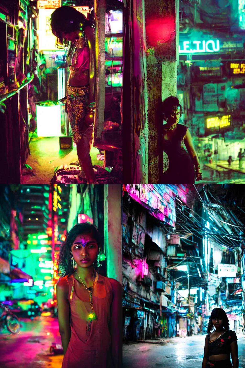Prompt: cyberpunk sri lankan girl, neon lights in the background, photograph, 35mm lens