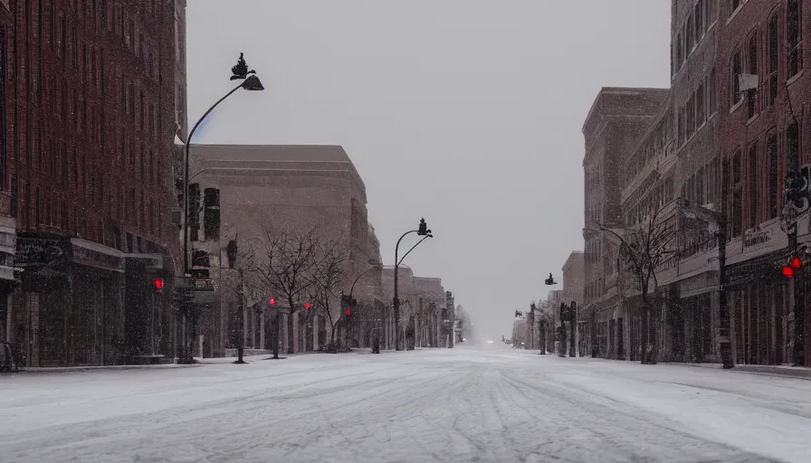 Prompt: empty streets of snowy washington dc, snow dunes, winter, snowing, hyperdetailed, artstation, cgsociety, 8 k