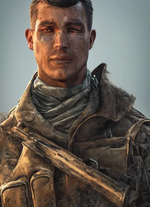 Image similar to A comic book style portrait painting of a ranger soldier sheriff in a post apocalyptic setting, unreal 5, DAZ, hyperrealistic, octane render, RPG portrait, dynamic lighting