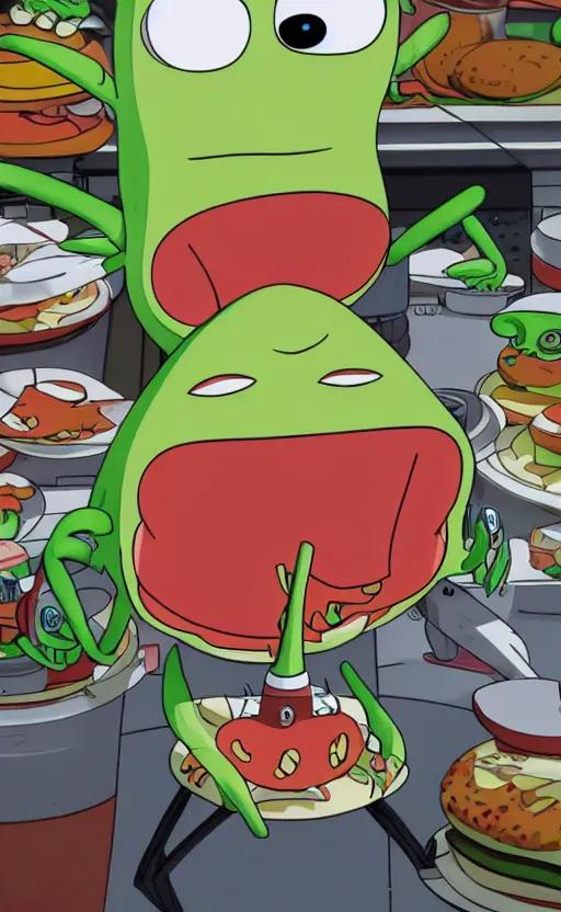 Prompt: plankton has become the ruler of the world and orders people to cook krabby patties for him, photo, realistic, photorealistic, detailed, high quality, high resolution, lossless quality, 8 k, hdr, 8 k resolution, 8 k quality