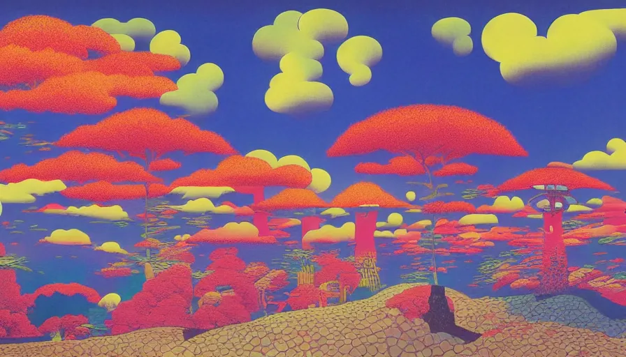 Image similar to Japan rural splendor travel and tourism c2050, surrealist psychedelic collage painting in the style of Magritte, Roger Dean, Yoshio Awazu, muted deep neon color