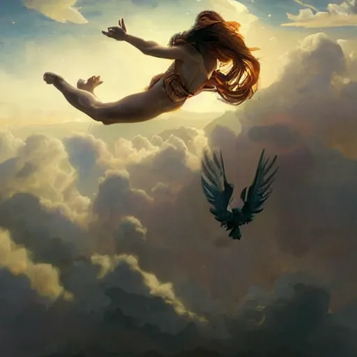Prompt: Icarus falling from the sky, dramatic light, highly detailed, digital painting, artstation, concept art, sharp focus, illustration, art by artgerm and greg rutkowski and alphonse mucha
