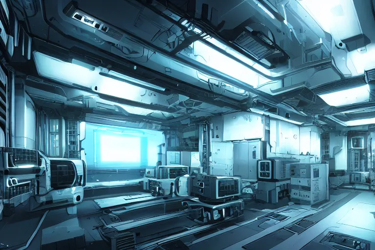 Image similar to parallax datacenter server room single mono colossus white rusty android robosaurus guard in artstation cinematic detailed concept art volumetric light sharp coherent cgsociety symmetric perfect server equipment