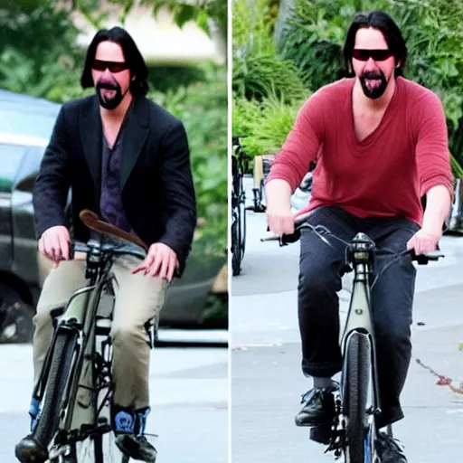 Prompt: Keanu Reeves eating ice cream and riding a bicycle