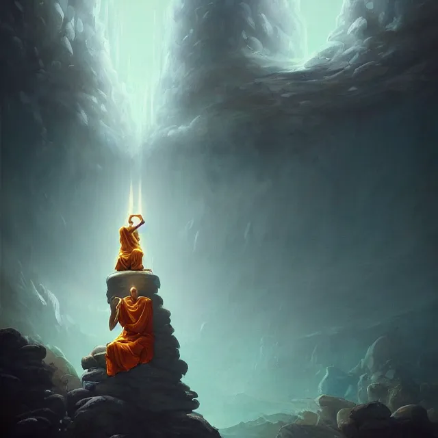 Image similar to in the style of peter mohrbacher, a glowing monk floating and meditating on a rock, dystopian landscape, intricate, masterpiece, award winning, fantasy, hyperrealism intricate