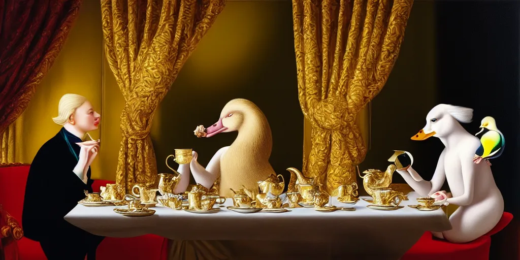 Image similar to a blonde and a mallard and a pig having tea at the ritz, abstract oil painting by gottfried helnwein pablo amaringo raqib shaw zeiss lens sharp focus high contrast chiaroscuro gold complex intricate bejeweled