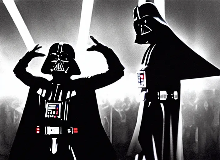 Image similar to film still of Darth Vader dancing as Tony Manero in Staying Alive 1983,