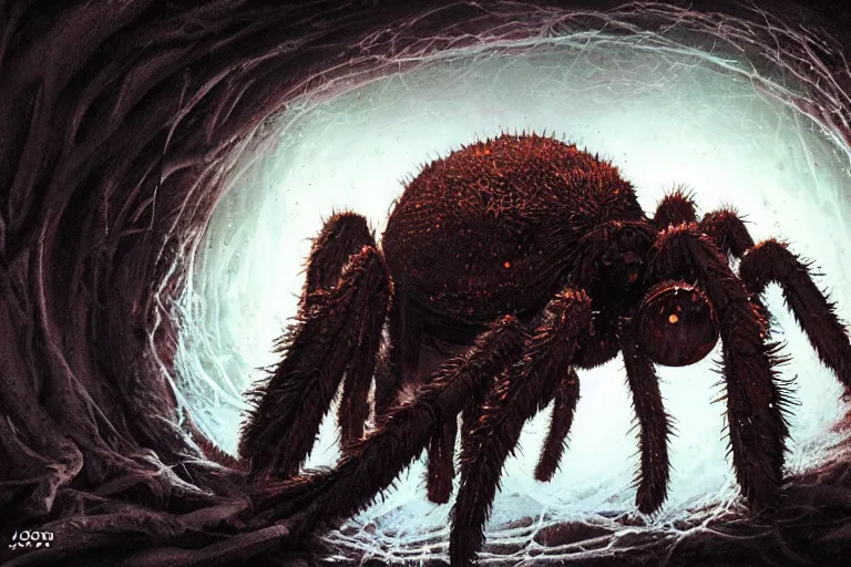 Prompt: a close - up view of a monstrous tarantula in a dark foreboding tunnel, with cobwebs, in the style of joe jusko, dramatic lighting, atmospheric, low angle, wide angle, very realistic, concept art, highly detailed digital painting, trending on artstation