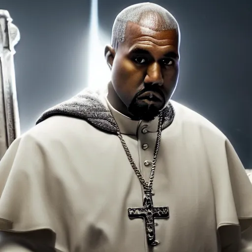 Image similar to kanye west as the pope pope in gears of war battlefield 5, splash art, movie still, cinematic lighting, dramatic, octane render, long lens, shallow depth of field, bokeh, anamorphic lens flare, 8 k, hyper detailed, 3 5 mm film grain