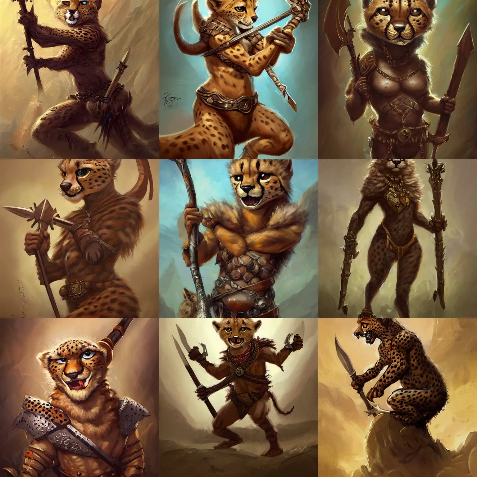 Prompt: cute little anthropomorphic cheetah, wielding a spear, tiny, small, short, tribal armor, cute and adorable, pretty, beautiful, dnd character art portrait, matte fantasy painting, deviantart artstation, by jason felix by steve argyle by tyler jacobson by peter mohrbacher, cinema