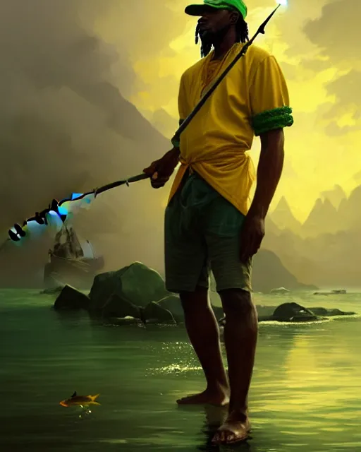 Image similar to fisherman, male, Jamaican, wide angle, yellows blacks greens reds, magical fishing rod weapon, D&D, fantasy, intricate, elegant, highly detailed, digital painting, artstation, octane render, concept art, matte, sharp focus, illustration, hearthstone, art by Artgerm and Greg Rutkowski and Alphonse Mucha