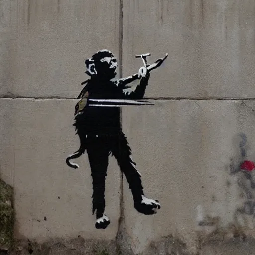 Image similar to banksy art monkey with sword, wall with city street background