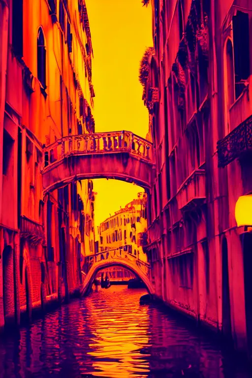 Image similar to neon streets of venice, 4 k, award winning photo, cyberpunk style