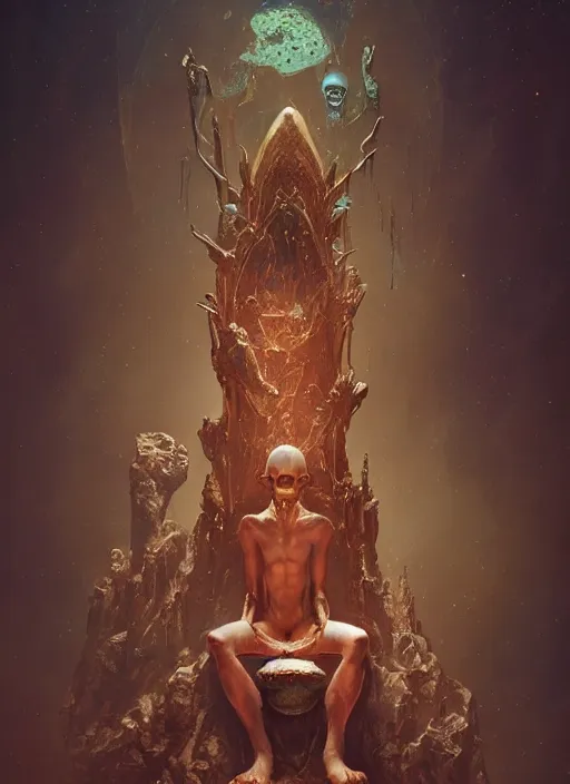 Prompt: hyper realistic photography of intricate symmetric strange alien child god sitting on ruined ornamented opal throne in a crystal cave detailed, greg rutkowski, mignola, moebius, artstation, cgsociety