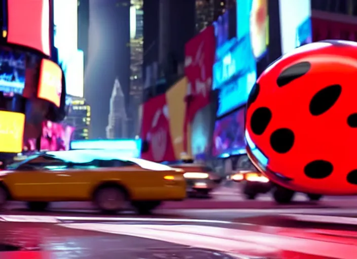 Image similar to film still of a giant ladybug driving a car through time square in a sci - fi movie, 8 k