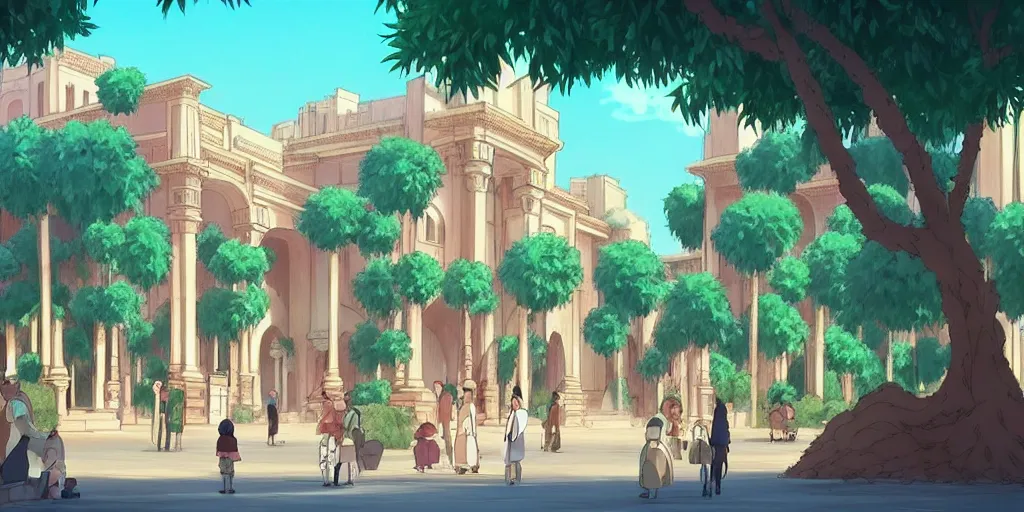 Prompt: a beautiful movie still in the style of studio ghibli anime with a landscape of the khedival opera house in talaat harb square cairo with lush landscaping, date palm trees, shrubs and flowers. trending on artstation