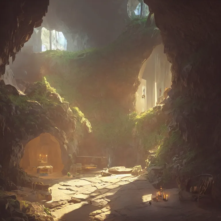 Image similar to secret overwatch habitation quarters carved inside a cave, sheltered, magical, natural light, planters, central tree, candle light, cinematic lighting, clean lines, cozy, fantasy, minimalist architecture, sharp focus, concept art, by greg rutkowski and craig mullins,, octane render 8 k