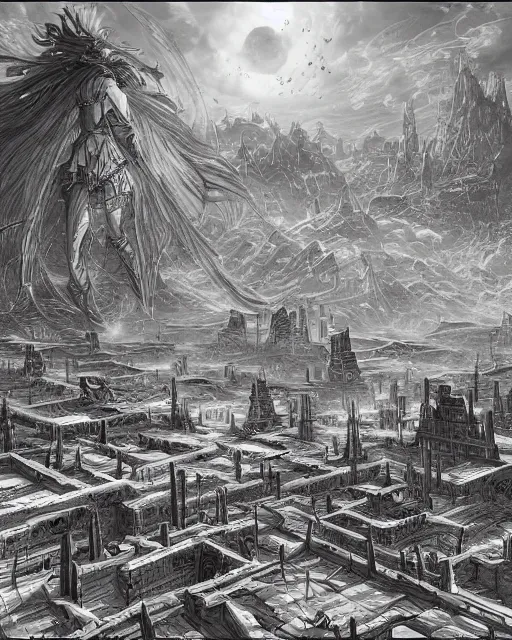 Image similar to the ivory fields, city of desert, buildings, black and white, environment art, fantasy art, landscape art, in the style of masami kurumada, illustration, epic, fantasy, intricate, hyper detailed, artstation, concept art, smooth, sharp focus, ray tracing