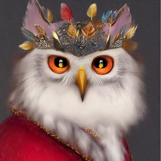 Prompt: Portrait of a Royal Cat Owl, feathers of ruby and gold, Rembrandt and Gigadō Ashiyuki, anime trending on artstation, HD, 8k, Classical painting,