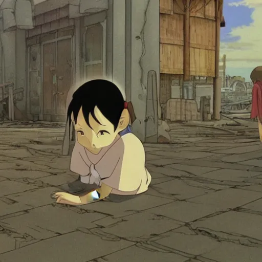 Prompt: ghost of a young girl, a burnt out city, cel shaded, studio ghibli, hayao miyazaki