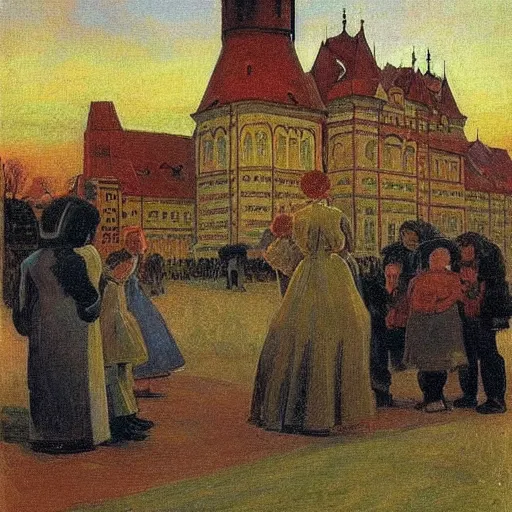 Image similar to haunting by konstantin yuon, by michael ancher. the street art features a group of monsters who live in a castle & have to deal with frankenstein's monster.