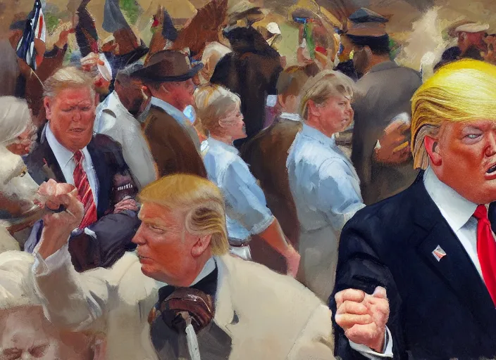 Image similar to a highly detailed beautiful portrait of a donald trump protesting against eating animals while people doing bbq, by gregory manchess, james gurney, james jean