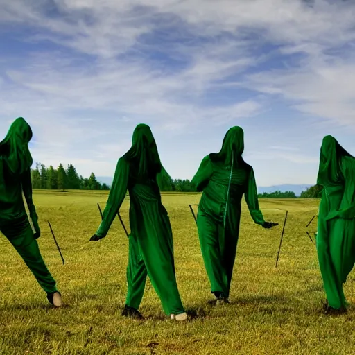 Image similar to the emerald green reapers stand in the meadow, preparing to take souls