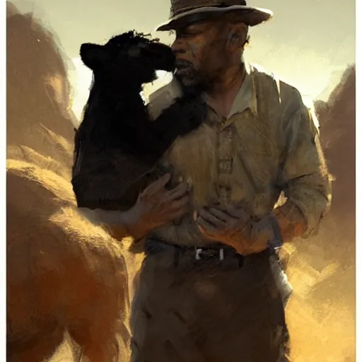 Prompt: An Black 1920's explorer holding a lion cub in his hands arwork by Craig Mullins, artstation trending, cinematic lighting