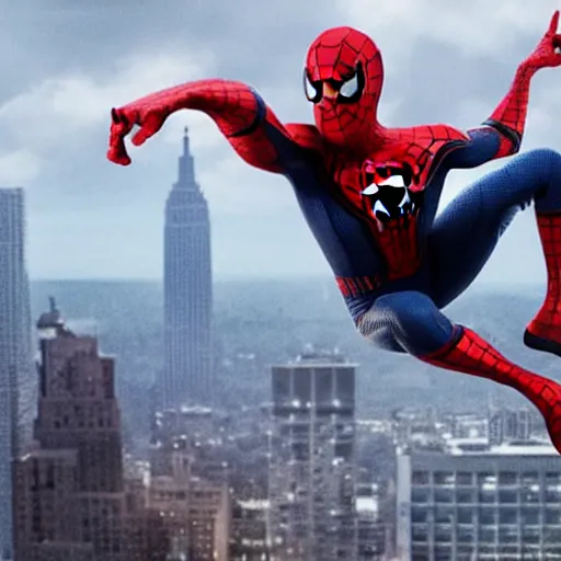 Image similar to tom holland starring as old spider man, realistic action movie still, cinematic