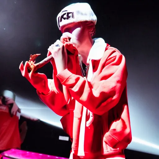 Prompt: bladee eating kfc chicken on stage at the drain gang concert