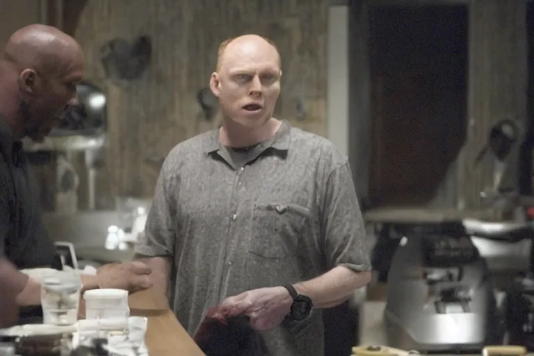 Image similar to a film still of Bill burr in pitch black, high quality