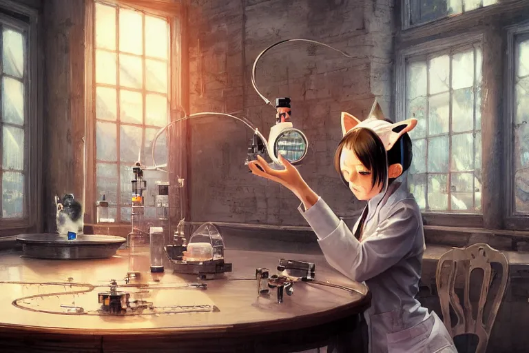 Prompt: neko woman scientist with cat ears wearing a lab coat looking at a measuring device on a table, highly detailed illustration, digital art, 4 k, by yoshitaka amano, by greg rutkowski, by dan mumford, beautiful face, warm lighting, atmoshpheric, trending on artstation, oil painting