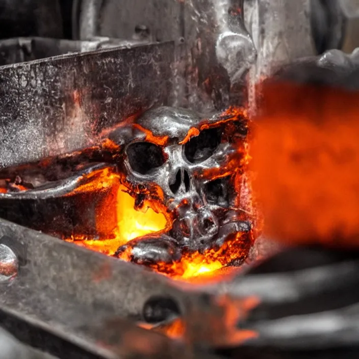 Prompt: wide angle shotmolten metal being poured into a mold in the shape of a punisher skull emblem. background is firey foundry. detailed, high art, intricate, artisan
