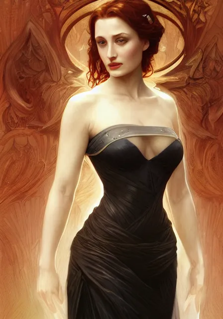 Image similar to sansa angeline jolie gessica chastain in dark, intricate, elegant, highly detailed, digital painting, artstation, concept art, smooth, sharp focus, illustration, art by artgerm and greg rutkowski and alphonse mucha and william - adolphe bouguereau