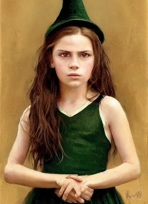 Image similar to a portrait of a thirteen year old girl with brown hair and a stern expression. she is wearing a green dress and a black pointed witch hat. beautiful painting with highly detailed face by greg rutkowski and raymond swanland