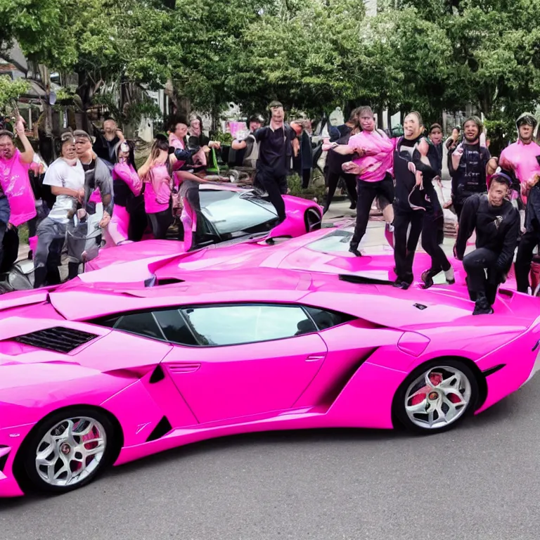 Image similar to a group of people carrying a pink lamborghini