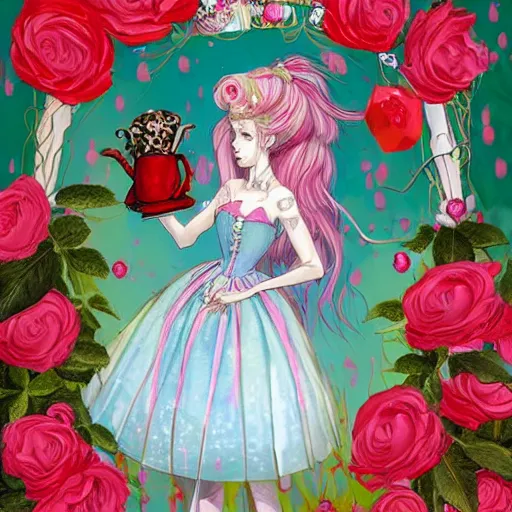 Image similar to Alice in Wonderland at the tea party, she looks like a mix of grimes, Aurora Aksnes and Zendaya, childlike, billowing elaborate hair and dress, strings of pearls, surrounded by red and white roses, digital illustration, inspired by a stylistic blend of Aeon Flux, Japanese shoujo manga, and Henry Darger, hyper detailed, dreamlike, incredibly ethereal, super photorealistic, iridescent, dichroic prism, speckled, marbling effect, tulle and lace, extremely fine inking lines