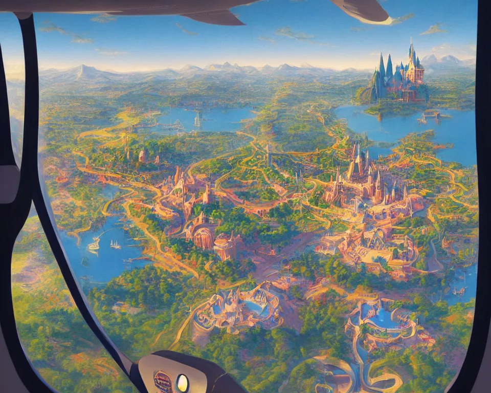 Prompt: an achingly beautiful print of Disneyland and surrounding area as seen through the window of a private jet by Raphael, Hopper, and Rene Magritte. detailed, romantic, enchanting, trending on artstation.