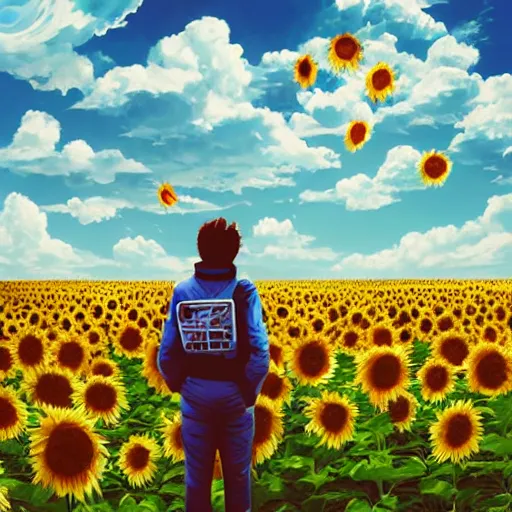 Prompt: a portrait of a sad astronaut in a field of sunflowers, the sky is blue with anime style clouds, painting, 4k,