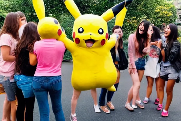 Image similar to a group of young woman are crowded around a life size pikachu and they looking directly it and they are laughing at it